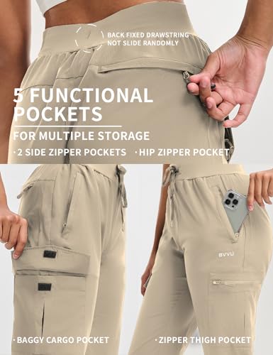 BVVU Women's Hiking Pants Lightweight Quick Dry Travel Outdoor Pants Waterproof Work Cargo Joggers with Zipper Pockets Khaki - Image 3