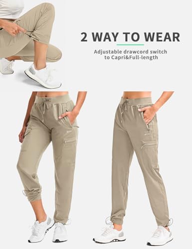 BVVU Women's Hiking Pants Lightweight Quick Dry Travel Outdoor Pants Waterproof Work Cargo Joggers with Zipper Pockets Khaki - Image 2