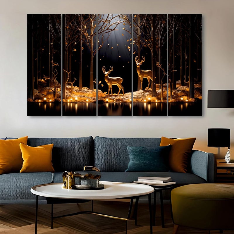 The Castle Decor Golden Deer Wall Painting for Living Room Big Size Deer Wall Painting for Bedroom Office Drawing Room Hotel Elegant Wall Decor Art for Home Decoration Gifting 36x60 inch - Image 1