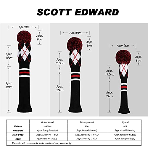 Scott Edward 1PCS Knit Pom Pom Hybrid(UT) Club Protector Golf Club Cover with Rotating Number Tags,Soft,Portable(Black White Red Argyle) - Image 3