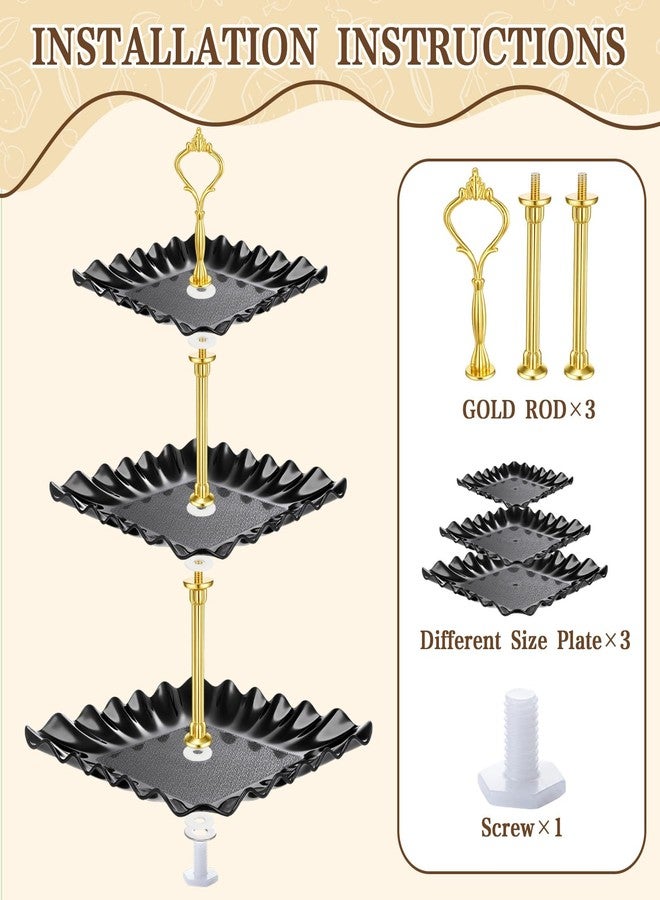 Remerry 16 Pcs Dessert Table Display Set 3 Tier Cupcake Stands Tower Holder Plastic Cookie Serving Trays Gold Serving Tongs for Tea Party Wedding Baby Shower Birthday Table Display(Black) - Image 3