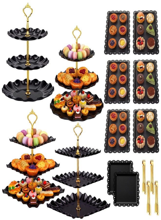 Remerry 16 Pcs Dessert Table Display Set 3 Tier Cupcake Stands Tower Holder Plastic Cookie Serving Trays Gold Serving Tongs for Tea Party Wedding Baby Shower Birthday Table Display(Black) - Image 1