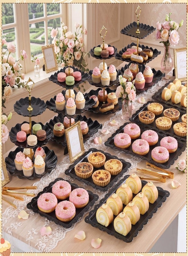 Remerry 16 Pcs Dessert Table Display Set 3 Tier Cupcake Stands Tower Holder Plastic Cookie Serving Trays Gold Serving Tongs for Tea Party Wedding Baby Shower Birthday Table Display(Black) - Image 2