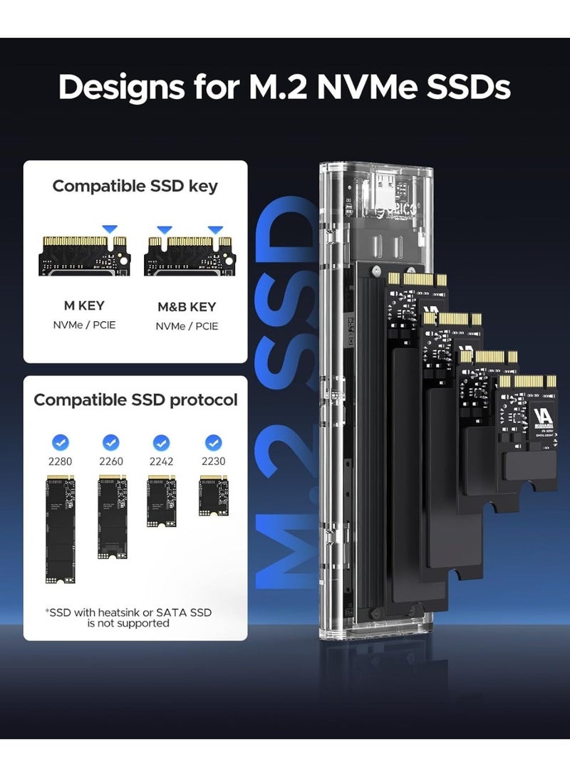 ORICO M.2 NVMe SSD Enclosure, USB 3.2 Gen 2 (10 Gbps), Transparent External Solid State Drive Adapter Enclosure for 2280 2260 2242 2230 PCI-E M2 M-Key SSD, USB Type C Converter Case-TCM2 Black - Image 3