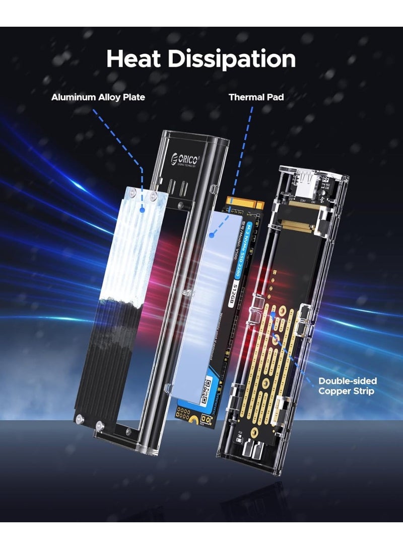 ORICO M.2 NVMe SSD Enclosure, USB 3.2 Gen 2 (10 Gbps), Transparent External Solid State Drive Adapter Enclosure for 2280 2260 2242 2230 PCI-E M2 M-Key SSD, USB Type C Converter Case-TCM2 Black - Image 2