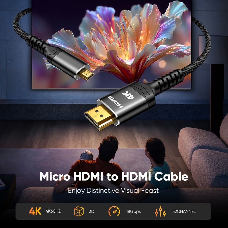 4K Micro HDMI Cable 3.3FT 18Gbps HDR Nylon Braided Adapter Male to Micro Male Cord 4K@60HZ 2K@165HZ For DSLR Camera Raspberry Pi Gopro Hero To TV Laptop Computer Monitor Video Audio Image Streaming - Image 3