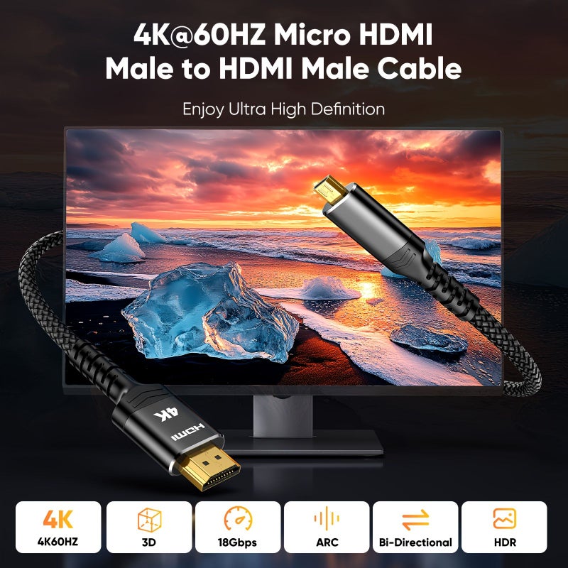 4K Micro HDMI Cable 3.3FT 18Gbps HDR Nylon Braided Adapter Male to Micro Male Cord 4K@60HZ 2K@165HZ For DSLR Camera Raspberry Pi Gopro Hero To TV Laptop Computer Monitor Video Audio Image Streaming - Image 4