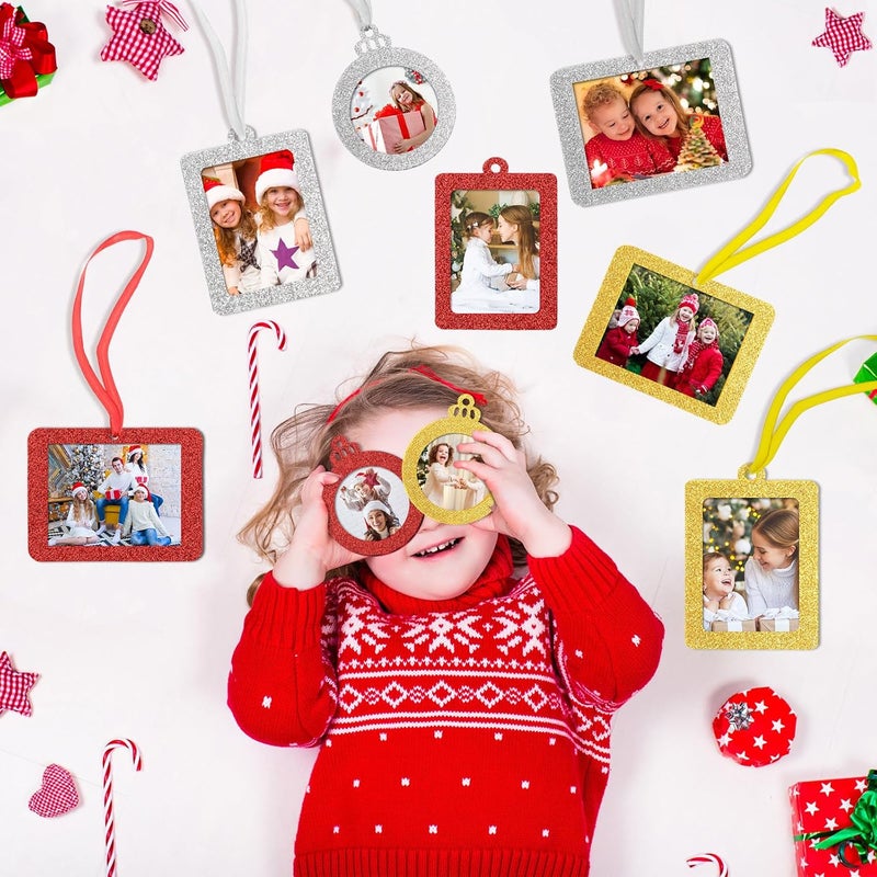 Queekay Queekay 48 Pieces Christmas Photo Ornaments Hanging Picture Frame Ornaments for Tree Glitter Small Picture Insert Frame for DIY Crafts Christmas Trees Decoration Chic Style - Image 3