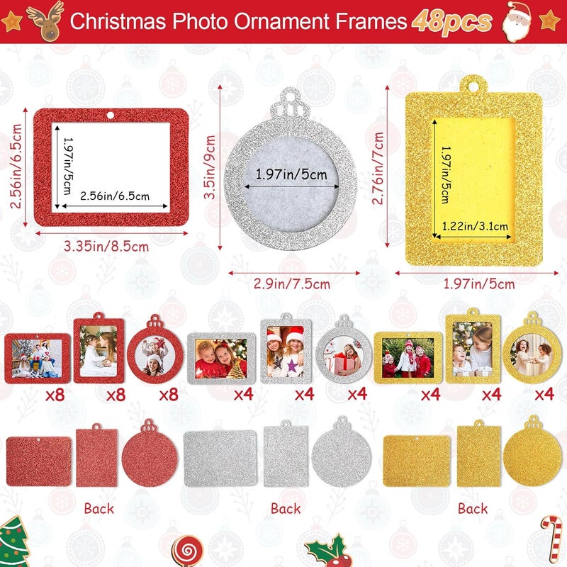 Queekay Queekay 48 Pieces Christmas Photo Ornaments Hanging Picture Frame Ornaments for Tree Glitter Small Picture Insert Frame for DIY Crafts Christmas Trees Decoration Chic Style - Image 2