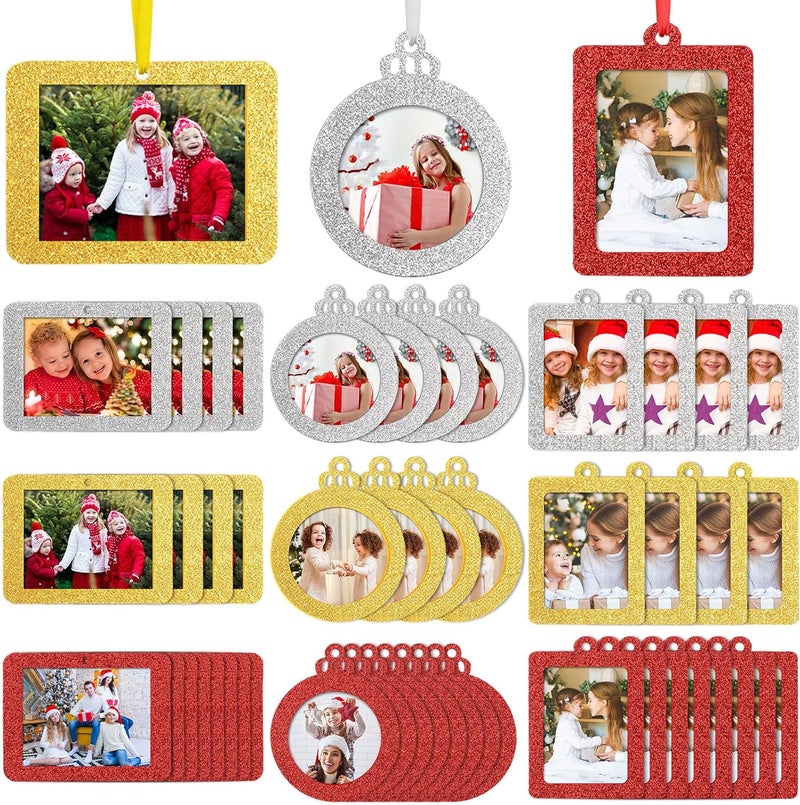 Queekay Queekay 48 Pieces Christmas Photo Ornaments Hanging Picture Frame Ornaments for Tree Glitter Small Picture Insert Frame for DIY Crafts Christmas Trees Decoration Chic Style - Image 1