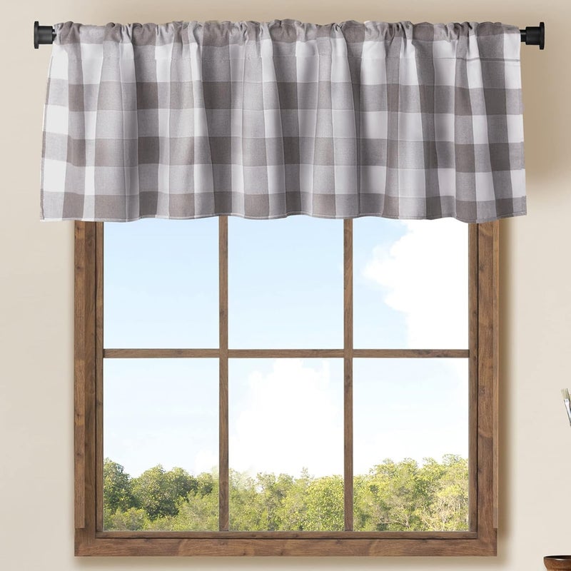 WOSIBO 2 Pack Buffalo Check Plaid Window Valances White and Grey Farmhouse Design Window Treatment Decor Curtains Rod Pocket Valances for Kitchen/Living Room 16" x 56" - Image 1