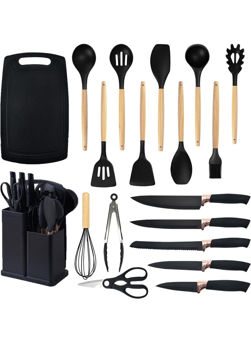 Eesyy Cooking Utensils Set Kitchen Utensils Set, 19PCS Kitchen Tools Utensil Set with 11PCS Spatula Set, Heat Resistant Silicone Cooking Utensils, 5PCS Knife Set and 1PCS Cutting Board for Kitchen (Black 19 PCS Set) - Image 1