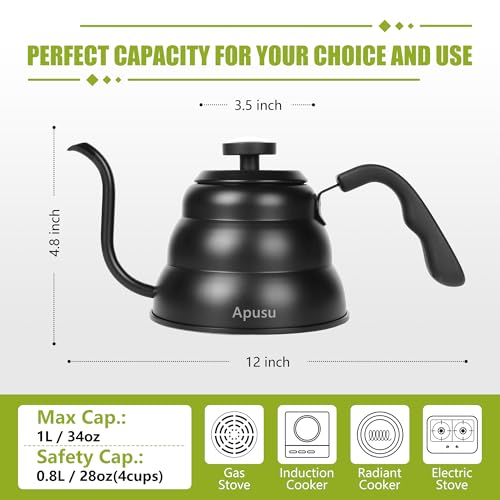Apusu Pour Over Kettle for Manual Drip Coffee and Tea with Thermometer 28oz Gooseneck Kettle with Flow Control Stainless Steel Water Kettle for Stovetop,800ml,4 Cup,Black,1Pack - Image 3