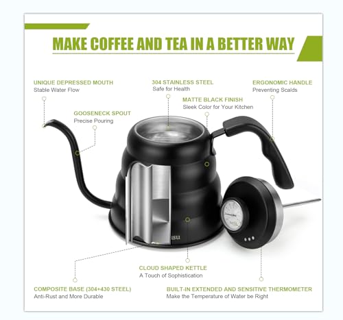 Apusu Pour Over Kettle for Manual Drip Coffee and Tea with Thermometer 28oz Gooseneck Kettle with Flow Control Stainless Steel Water Kettle for Stovetop,800ml,4 Cup,Black,1Pack - Image 4