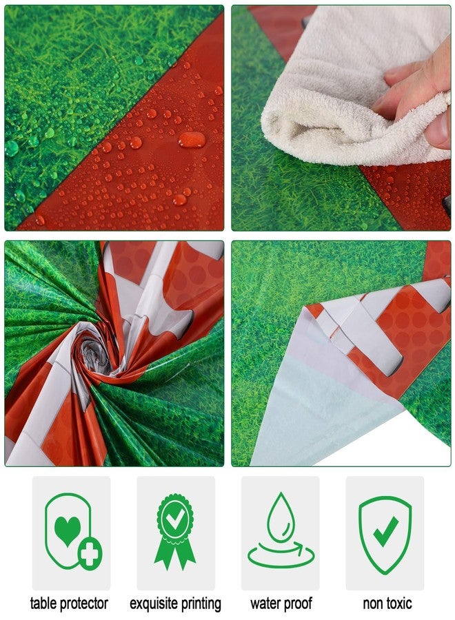 Oudain 6 Pcs Football Party Tablecloth 84 Inches Football Field Round Table Cloth Green Grass Table Cover Plastic Sports Table Cloth Disposable Brown Ball Tablecloths for Birthday Table Decor Supplies - Image 2