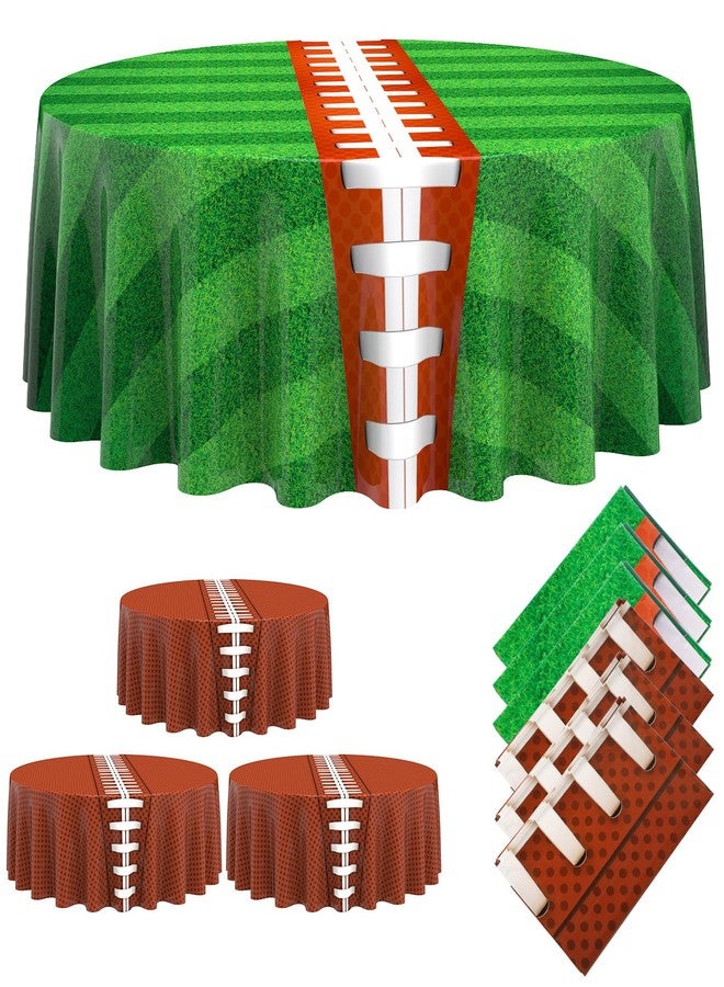 Oudain 6 Pcs Football Party Tablecloth 84 Inches Football Field Round Table Cloth Green Grass Table Cover Plastic Sports Table Cloth Disposable Brown Ball Tablecloths for Birthday Table Decor Supplies - Image 1