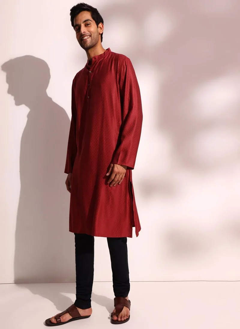 Fabindia Maroon Viscose Blend Dobby Long Kurta