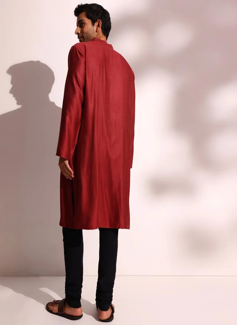 Fabindia Maroon Viscose Blend Dobby Long Kurta