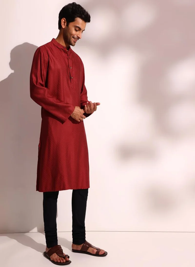 Fabindia Maroon Viscose Blend Dobby Long Kurta