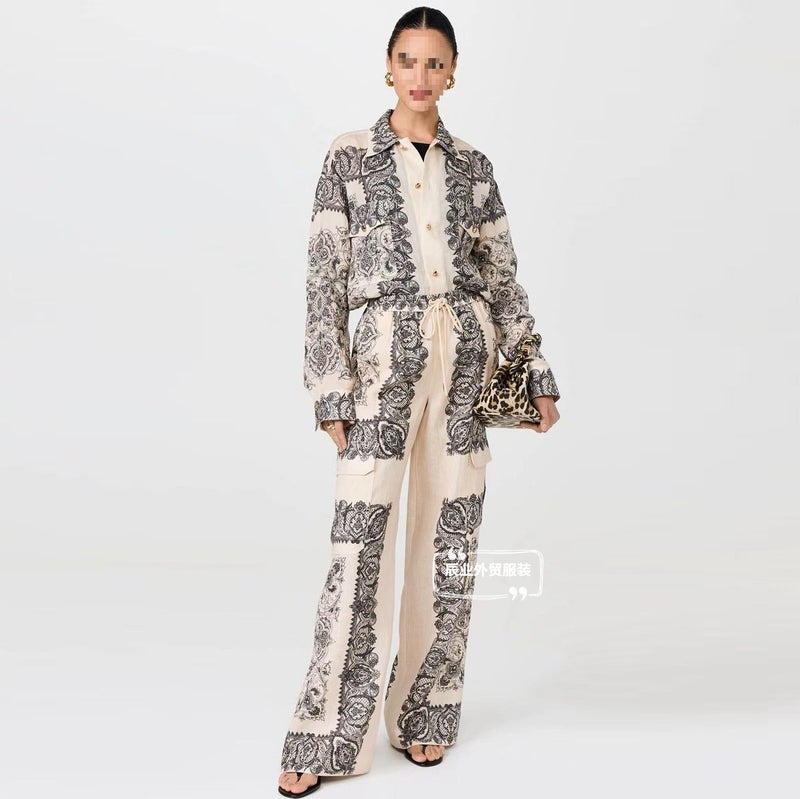 Cross-border in stock Australia New Fashion Printed Shirt Top Printed Pants suit Two-piece Set for Women Picture color