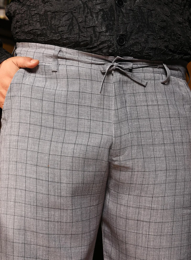 Instafab Plus Instafab Plus Men's Moon Grey Graph-Check Casual Trousers For Casual Wear | Mid-Rise | Regular Fit | Drawstring Closure | Plus Size Trousers Crafted With Comfort Fit For Everyday Wear