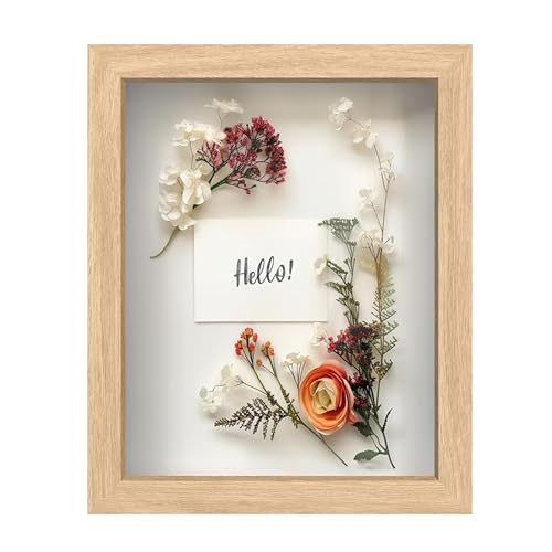 FrameWorks FrameWorks 8 x 10 Natural Oak Wooden Shadow Box Frame  Display Case with Soft Felt Back Memory Box with Tempered Glass Display Box with Elegant White Ball Push Pins Wooden Flower Box 