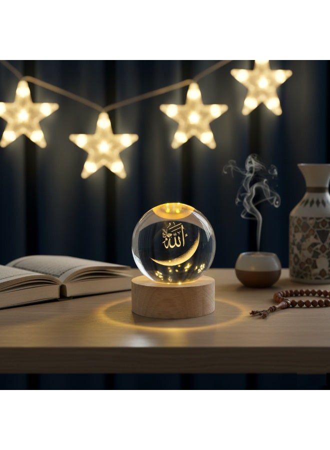 مصباح كرة كريستالية محفور عليه اسم الله (الله) ثلاثي الأبعاد مع هلال - مصباح ليلي LED ديني إسلامي مناسب لرمضان والعيد وديكور المنزل الإسلامي - Image 3