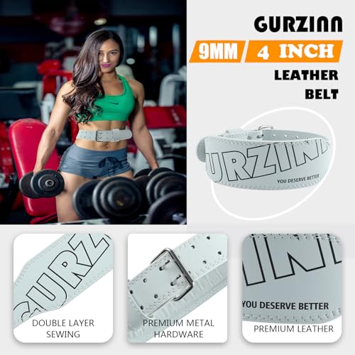 GurZinn 9 mm Leather Fitness Weight Lifting Belt for Women&Men with 4 Inches Padded Lumbar Support for Power Lifting Workout & Squats Exercise(A-White/M) - Image 3
