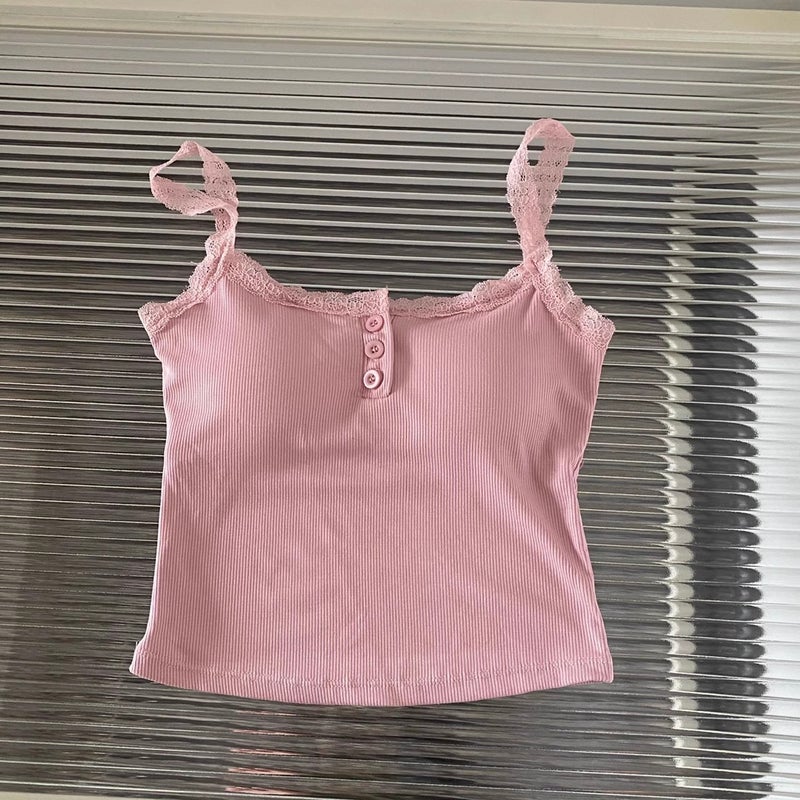 Plus size chubby girl pure desire lace small sling summer bottoming vest top with chest pad wrapped chest lace sling Pink [high quality version with chest pad]] 