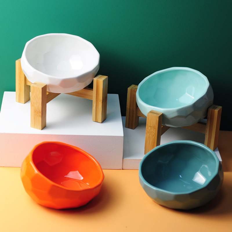High Footed Pet Bowl Tilted Ceramic Dog Bowl Anti Overturning Wooden Frame - Cervical Spine Care For Pets Elevated Pet Feeding Station Reduces Neck Strain For Comfortable Eating - Image 5