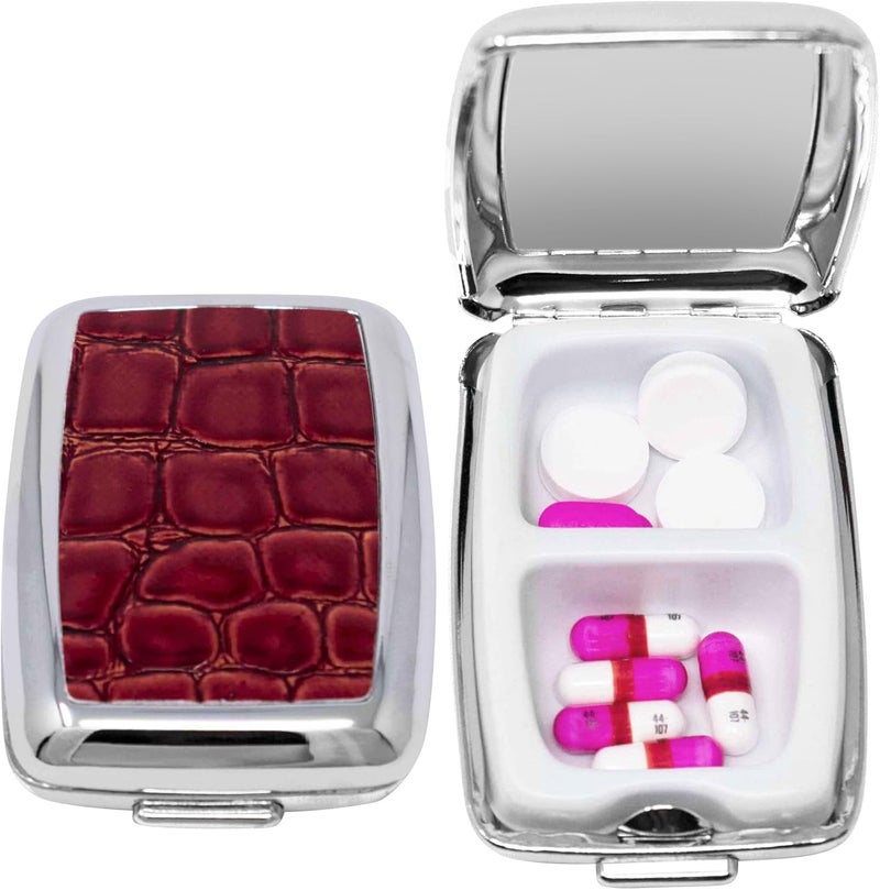 Stephanie Imports Set of 2 Dual-Compartment Rectangular Pocket Purse Pill Box & Organizer with Insert (Red Faux Crocodile Leather)