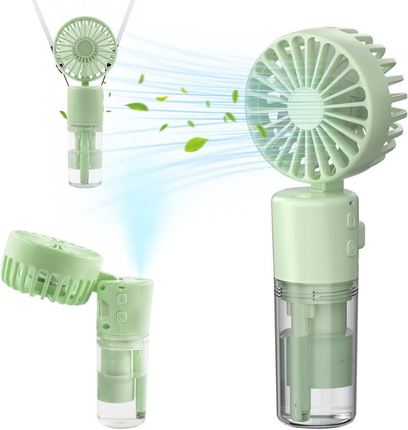 Excefore Handheld Fan with Water Mist Spray, Portable Mini Mister Fan, 4-Speed Neck and Desk Fan, 1500mAh, 55ml Water Bottle, Ideal for Home, Office, Travel, Women, Green - Image 1