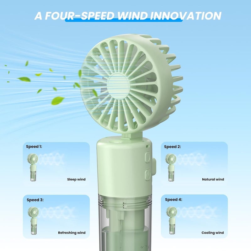 Excefore Handheld Fan with Water Mist Spray, Portable Mini Mister Fan, 4-Speed Neck and Desk Fan, 1500mAh, 55ml Water Bottle, Ideal for Home, Office, Travel, Women, Green - Image 2