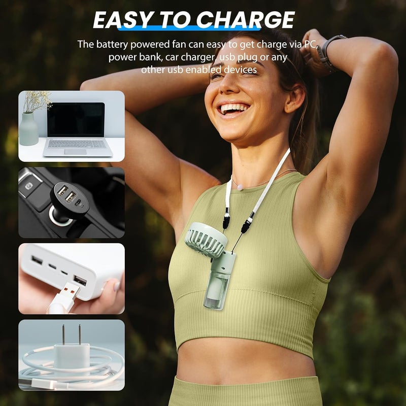 Excefore Handheld Fan with Water Mist Spray, Portable Mini Mister Fan, 4-Speed Neck and Desk Fan, 1500mAh, 55ml Water Bottle, Ideal for Home, Office, Travel, Women, Green - Image 4