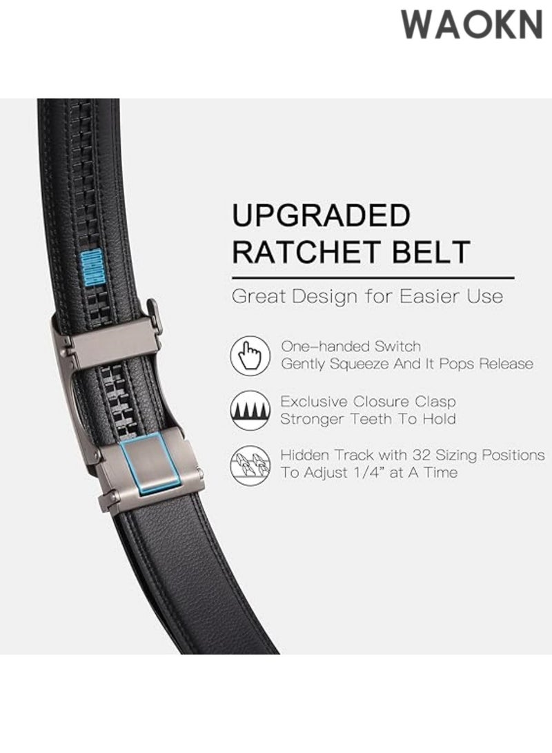 WAOKN Men's Black Leather Belts Automatic Ratchet Buckle Belt Men– Stylish & Functional Formal or Everyday Wear – High-Quality Leather Accessory  for Dress Casual Trim to Fit with Gift Box - Image 4