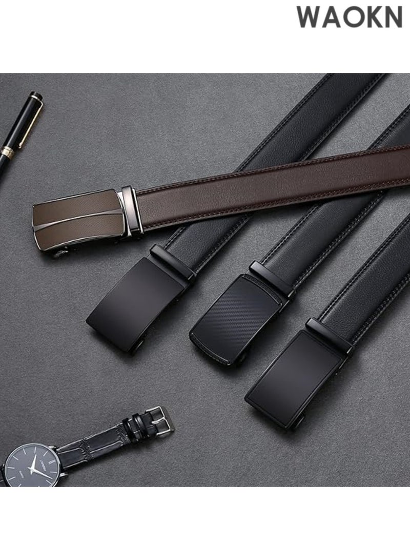WAOKN Men's Black Leather Belts Automatic Ratchet Buckle Belt Men– Stylish & Functional Formal or Everyday Wear – High-Quality Leather Accessory  for Dress Casual Trim to Fit with Gift Box - Image 2