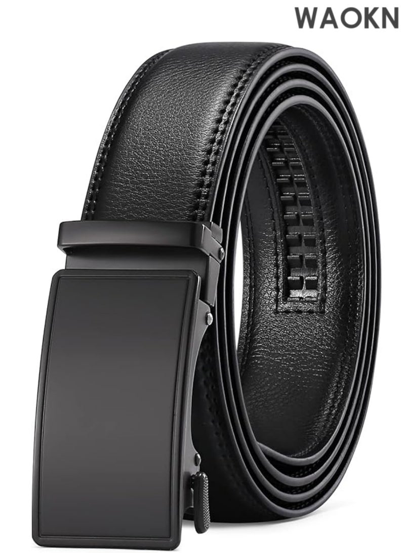 WAOKN Men's Black Leather Belts Automatic Ratchet Buckle Belt Men– Stylish & Functional Formal or Everyday Wear – High-Quality Leather Accessory  for Dress Casual Trim to Fit with Gift Box - Image 1