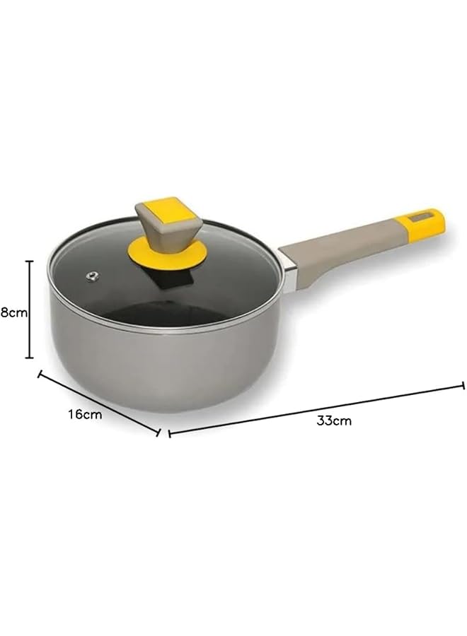 CLASSYTOUCH Non Stick Sauce Pan With Glass Lid   Ct1709 | Grey & Yellow | 16 Cm - Image 2