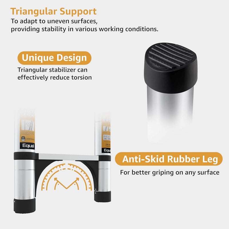 Equal سلم تلسكوبي قابل للطي من الألمنيوم بطول 6.5 قدم مع 2 مثبت مثلثي | معتمد من EN131 مع ضمان لمدة سنتين | سعة قصوى 150 كجم | سلم قابل للطي للاستخدام المنزلي أو الخارجي (2م/7 خطوات) - Image 3