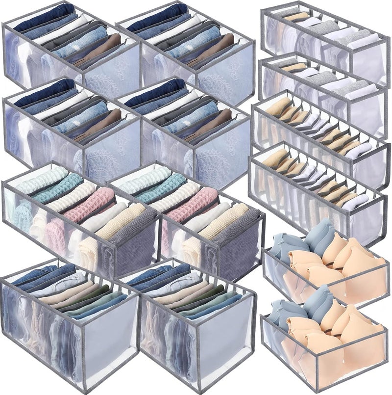 Woanger 14 Pcs 6 Different Sizes Upgraded Wardrobe Clothes Organizer Jeans Organizer for Closet Foldable Pants Storage with Compartments Divided Sweater Boxes for Closet Shirts Underwear Socks Bra Bins Gray - Image 1
