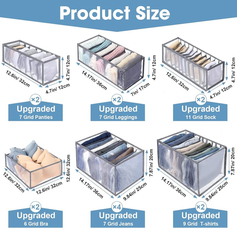 Woanger 14 Pcs 6 Different Sizes Upgraded Wardrobe Clothes Organizer Jeans Organizer for Closet Foldable Pants Storage with Compartments Divided Sweater Boxes for Closet Shirts Underwear Socks Bra Bins Gray - Image 3
