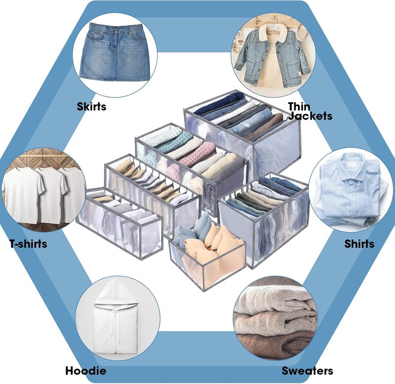 Woanger 14 Pcs 6 Different Sizes Upgraded Wardrobe Clothes Organizer Jeans Organizer for Closet Foldable Pants Storage with Compartments Divided Sweater Boxes for Closet Shirts Underwear Socks Bra Bins Gray - Image 4