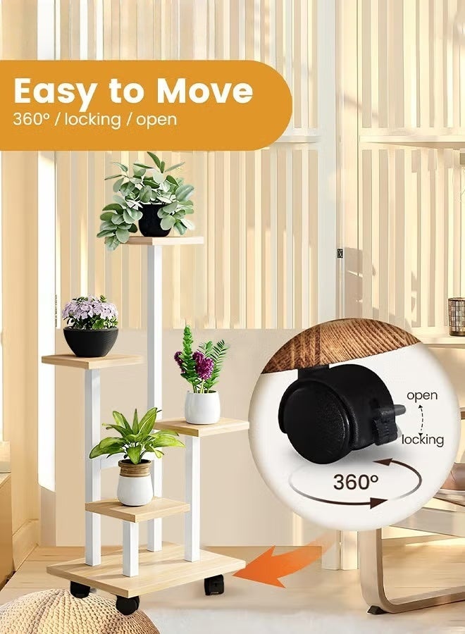 5 مستوى النبات الوقوف مع 4 عجلات,المعدن الخشب النبات الطويل يقف للنباتات الداخلية متعددة,الزاوية مستوى النباتات الزهرية الرف الوقوف لغرفة المعيشة غرفة النوم - Image 3