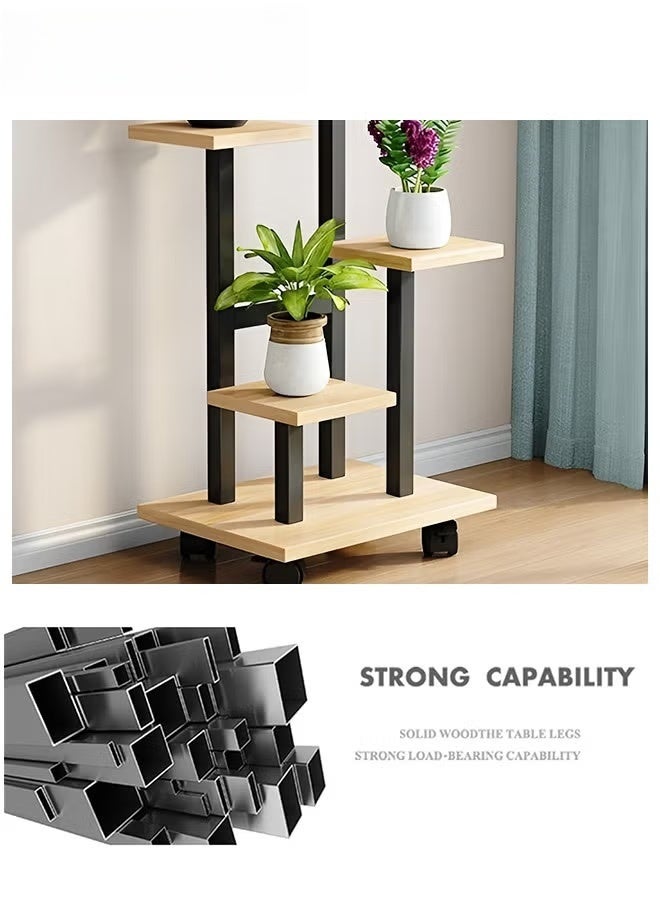 5 مستوى النبات الوقوف مع 4 عجلات,المعدن الخشب النبات الطويل يقف للنباتات الداخلية متعددة,الزاوية مستوى النباتات الزهرية الرف الوقوف لغرفة المعيشة غرفة النوم - Image 4