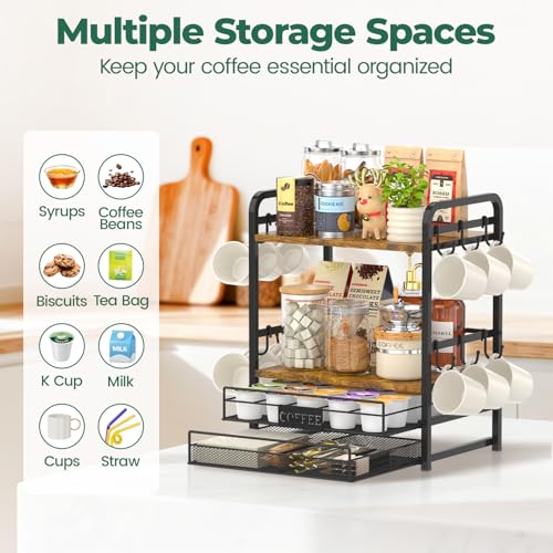 EsLuker.ly Coffee Bar Organizer Station Shelf Mug Holder for Countertop, 4 Tier Mug Holder Stand with 12 Hooks, K Cup Pod Drawer - Image 4