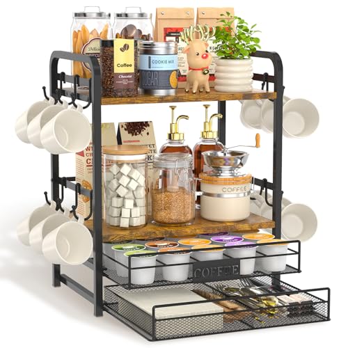 EsLuker.ly Coffee Bar Organizer Station Shelf Mug Holder for Countertop, 4 Tier Mug Holder Stand with 12 Hooks, K Cup Pod Drawer - Image 1