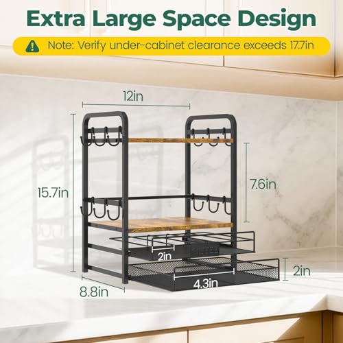 EsLuker.ly Coffee Bar Organizer Station Shelf Mug Holder for Countertop, 4 Tier Mug Holder Stand with 12 Hooks, K Cup Pod Drawer - Image 5