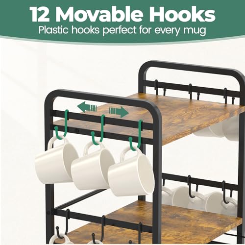 EsLuker.ly Coffee Bar Organizer Station Shelf Mug Holder for Countertop, 4 Tier Mug Holder Stand with 12 Hooks, K Cup Pod Drawer - Image 2