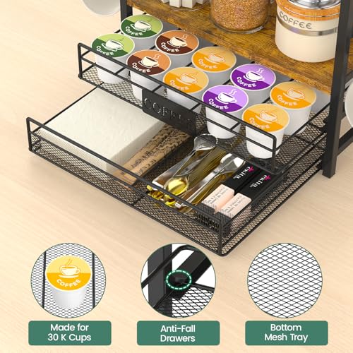 EsLuker.ly Coffee Bar Organizer Station Shelf Mug Holder for Countertop, 4 Tier Mug Holder Stand with 12 Hooks, K Cup Pod Drawer - Image 3