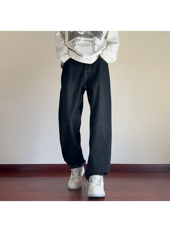 Tonlion Autumn Winter Men's Loose Straight-leg Denim Jeans With Back Pocket Woven Label Detail - Image 2